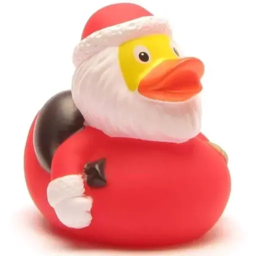 [5067] Canard en caoutchouc Père Noël avec sac et cloche