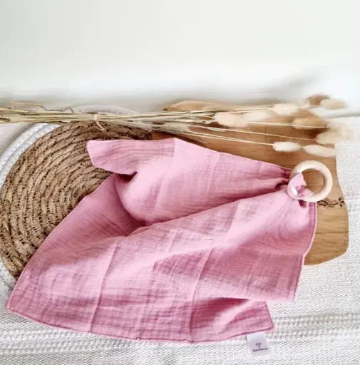 [RAKN0104RI] Doudou avec anneau de dentition en hêtre - Rose poudré